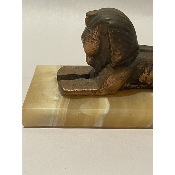 Sphinx Vintage Decoration Egyptian Pharaoh Brass Folk Statue Figurine On Marble - Picture 3 of 12